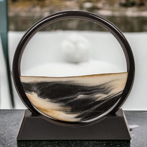 MIJOMA bewegliches Sandbild mit Sockel, dynamische Dekoration mit schwarz-weißem Sand & goldenen Glitzerpartikeln, Fließende Sandmalerei zum Drehen, Ø17,5cm x 1cm