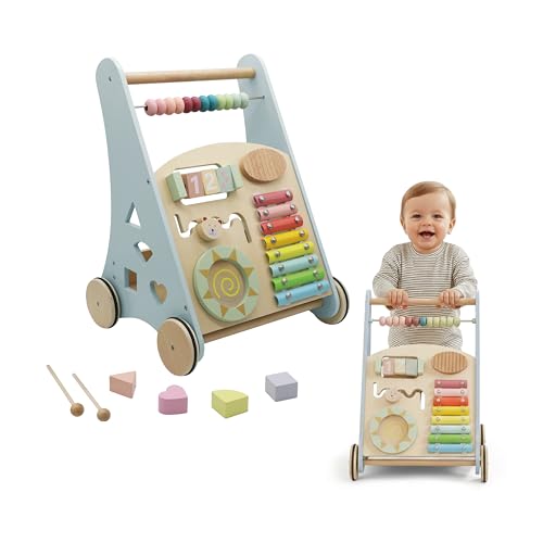 BUDDY BABY • Andador de Madeira Montessori • Desde 12 meses • Painel interativo (xilofone, quebra-cabeça, espelho, engrenagens) • Rodas de borracha antiderrapantes • Não danifica o chão • Gaveta