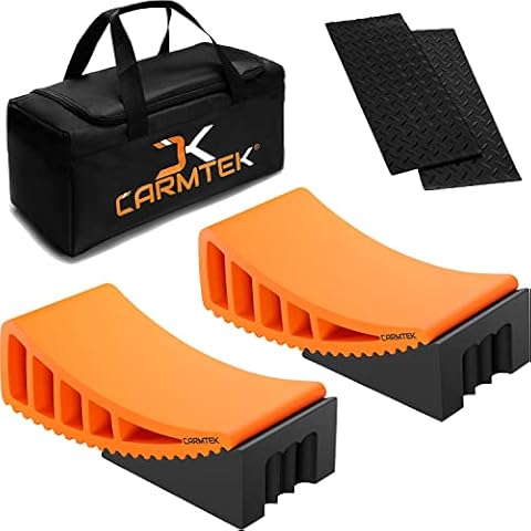 CARMTEK Camper Leveler Premium Kit | Fit Curved RV Levelers with Wheel Chocks, Rubber Mats & Carry Bag for Tight Dual Axle Trailers | Faster RV Leveling System than RV Leveling Blocks | RV Accessories Cover