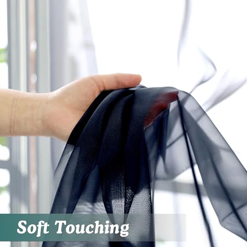 Image of Chyhomenyc Navy Blue Sheer Valances for Windows - Light Filtering Small Kitchen Curtains, Rod Pocket Short Top Window Treatment Decor for Living Room Bathroom Basement, 42Wx16L inches, 2 Panels