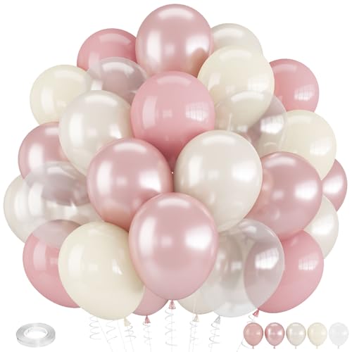 Image of Dusty Pink Balloons, 12 Inch Double Stuffed Blush Pale Light Pink | Pearl Balloon Clear Balloon for Women Girls Baby Shower Bridal Shower Wedding Boho Birthday Party Decorations
