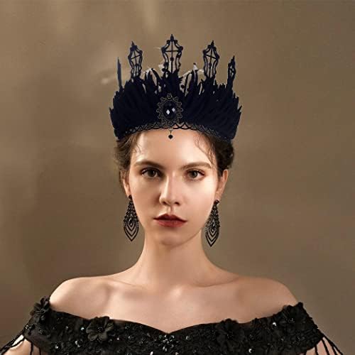 Catery Gothic Floral Headpiece Halloween Vintage Crown Lace Veil Headband Wind Black Crown Rhinestones Headbands Masquerade Cosplay Headdress Hair Accessories for Women and Girls