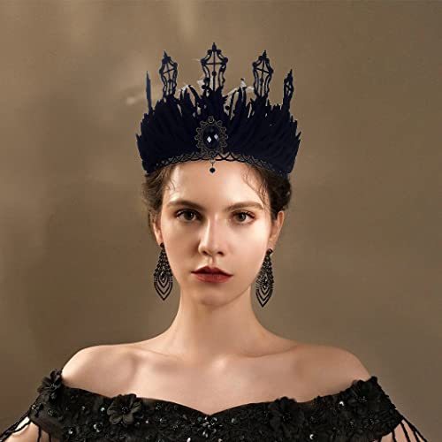 Catery Gothic Floral Headpiece Halloween Vintage Crown Lace Veil Headband Wind Black Crown Rhinestones Headbands Masquerade Cosplay Headdress Hair Accessories For Women And Girls #TOP26