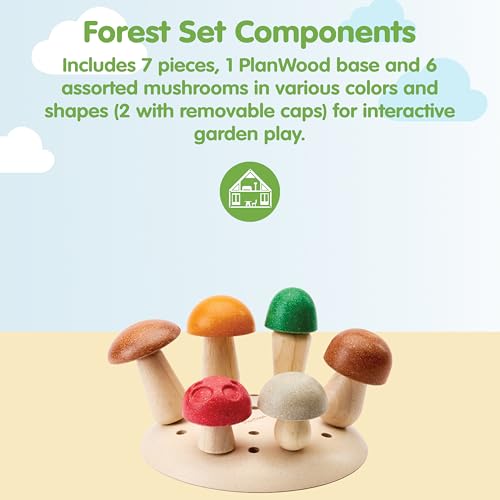 Image of PlanToys Wooden Play & Pick Mushrooms Toy Kids Garden Learning Playset | wooden mushroom play pick set, montessori imaginative sensory, fine motor coordination, color sorting, garden pretend, kids