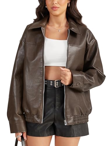 Image of Fengbay Faux Leather Jacket Women Oversized Bomber Motorcycle Y2K Moto Biker Racer Jackets Coat with Pockets