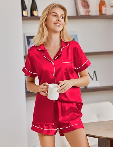 Image of Ekouaer Satin Pajamas for Women Silk Pjs Short Set 2 Piece Lounge Sets | Short Sleeve Button Up Sleepwear,Notch Collar,Sleep,Bridal,Maternity,Postpartum,Wedding Party,Daily,Working from Home,Gifts