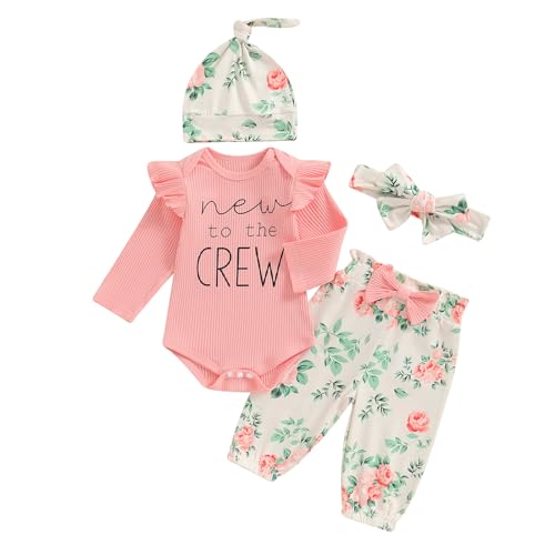 ZAXARRA Newborn Coming Home Baby Girls Fall Outfits Letter Print Ribbed Romper Tops Flower Pants Headband Hat 4 Piece Set (Pink, 0-3 Months)