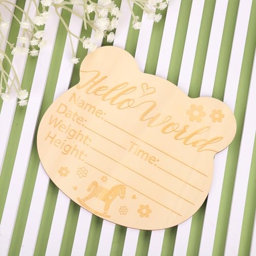 Image of Baby Announcement Sign, 5.91x5.35 Inch Wooden Hello World Newborn Sign Newborn Announcement Sign Birth Announcement Cards Baby Name Cards for Baby Gift (Style 2)