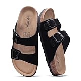 KIDMI Women's Genuine Suede Summer Sandals Arch Support Cork Footbed Slide Sandals with Double Adjustable Buckle, Black 36