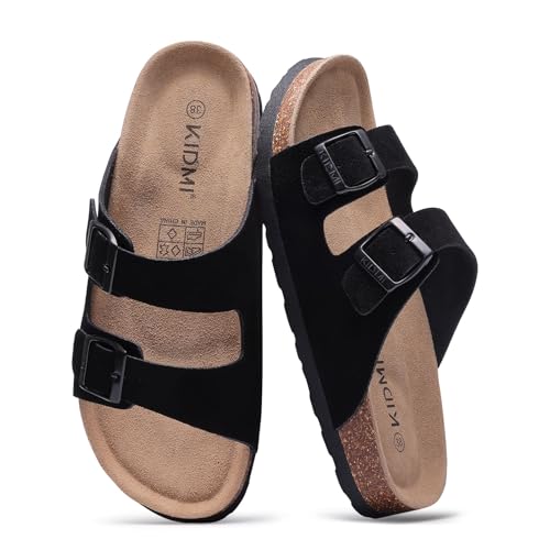 KIDMI Women's Genuine Suede Summer Sandals Arch Support Cork Footbed Slide Sandals with Double Adjustable Buckle, Black 36