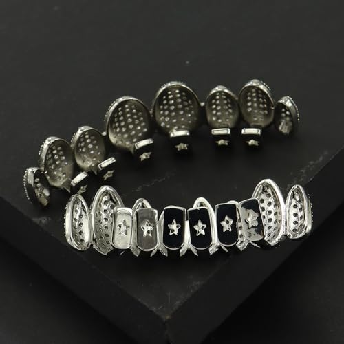 Conjunto de grelha de dentes Rap Hip-Hop para o Dia das Bruxas com grades de diamante Grillz de cobr