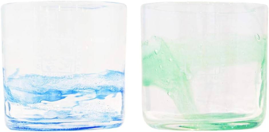Genkawa Genkichi Workshop Rock Glass (Blue, Green), Diameter 3.5 inches (9 cm), Sea Foam, Pack of 2