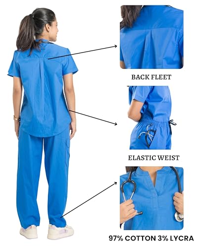 Image of Flexi Women Medical Scrub Set | 5 Pockets | Cotton Lycra Doctor Scrubs | Y-Neck Top | Straight Pants | Hospital Uniform for Doctors & Nurses
