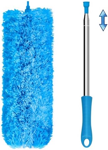 JEHONN Duster with Extension Pole Extendable Long Handle Microfiber Feather Dust Remover,Telescoping Dusting Tool for AC Vent Cobweb House Exterior Interior (Blue)