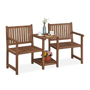 Relaxdays Gartenbank mit integriertem Tisch, 2-Sitzer, robuste Holz Sitzbank, Garten & Balkon, HBT: 86x161x61 cm, braun