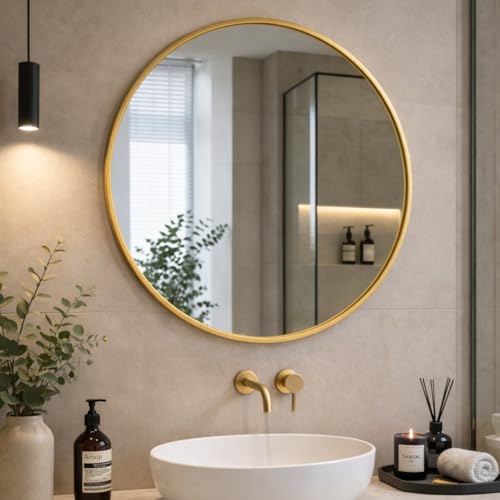 Image of Sidra Decor Decorative Round Wall Mirror with Metal Frame | Hanging Vanity Mirror for Bathroom, Bedroom, Hallway | Home Wall Decor in Gold, Black, White HD Mirror for wash Basin (Gold 20 Inch)