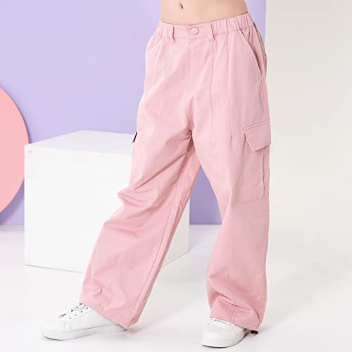 Image of Rolanko Girls Cargo Pants Wide Leg Streetwear Kids Pants with Pockets Trendy Jogger Trousers 4-14 Years