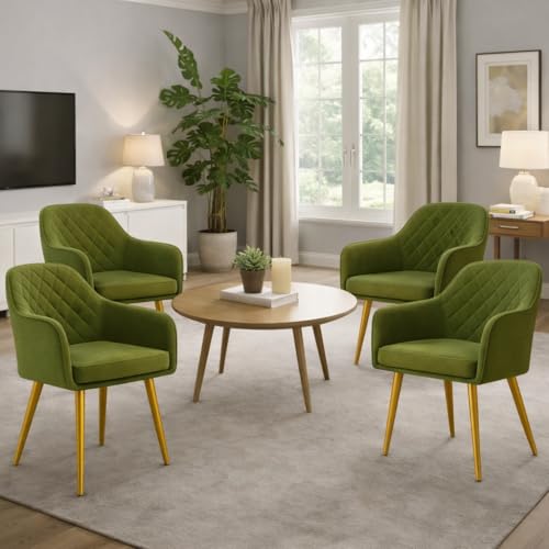 Image of Barfi Velvet Dining Chair | Set of 2 Premium Accent Chair with Armrest, Padded Seat and Metal Legs | Comfy Chair for Home, Office & Restaurents | (Parrot Green Set of 4)
