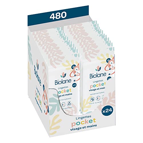 BIOLANE - Lot de 24 paquets lingettes visage et mains pocket - Nettoie et protège - 480 Lingettes nettoyantes (24x20) - Peaux Sensibles - 97 % d'ingrédients...
