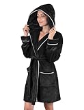 Gräfenstayn Peignoir Femme moelleux avec Capuche   Polaire moelleuse   Oeko Tex Standard 100   Peignor de bain Court   Taille (M, Noir)