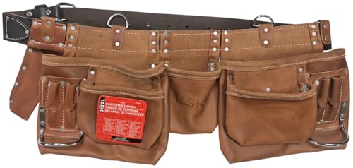 Task T77265 Carpenter's Apron, 12-pocket Leather Utility Belt with 2-Inch Wide Heavy Duty Saddle Leather Belt - Adjusts from 36” to 54”, Oil-tanned, One Size