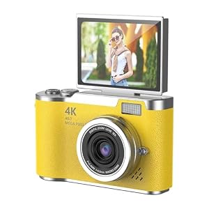 48MP 1080P Digital Camera with 2.4'' Flip Screen and 18X Zoom, 4 Hour Long Battery Vlogging Camera for Teens, Beginners, Built-in Games and Filters for Travel, Youtube, TikTok (Yellow)