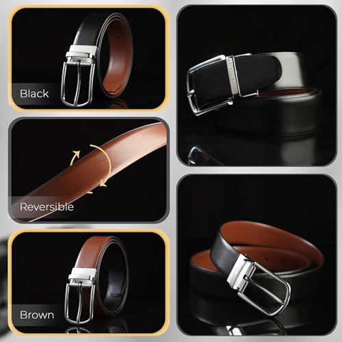 Image of Belts for Men Leather Original, Reversible Black & Brown Formal & Casual Italian Leather Belt with Solid Metal Curved Buckle