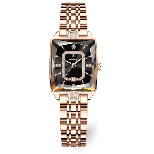 Poedagar Luxury Elegant Watch for Woman Date Waterproof Rectangle Ladies Watch Stainless Steel Fashion Business Classic Quartz Women Watches Female (Rosegold Black)