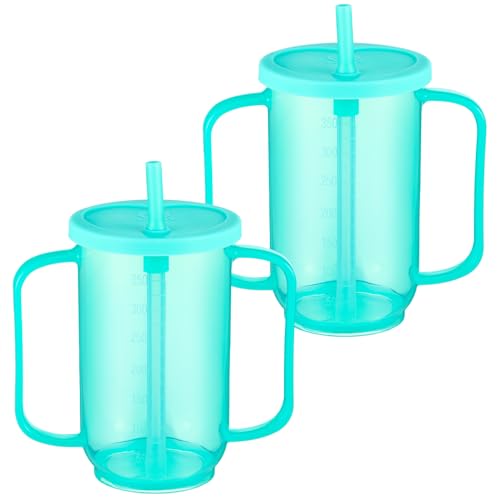 Sliner Adult Sippy Cups for Elderly 12 oz Straw Sippy Cups with 2 Handles No Spill for Adults Spill Proof Dysphagia Cup for Disabled Patients (Blue)