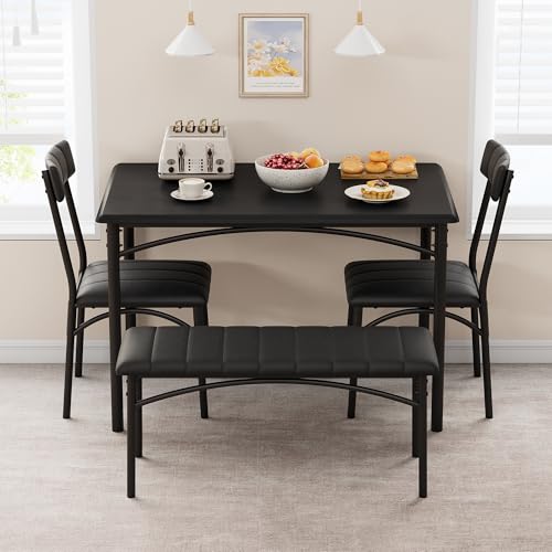 Image of Aptliton Dining Table Set, 4 Piece Space Saving Kitchen Table with 2 Padded Chairs and 1 Bench, Compact Dining Furniture for Small Space, Apartment