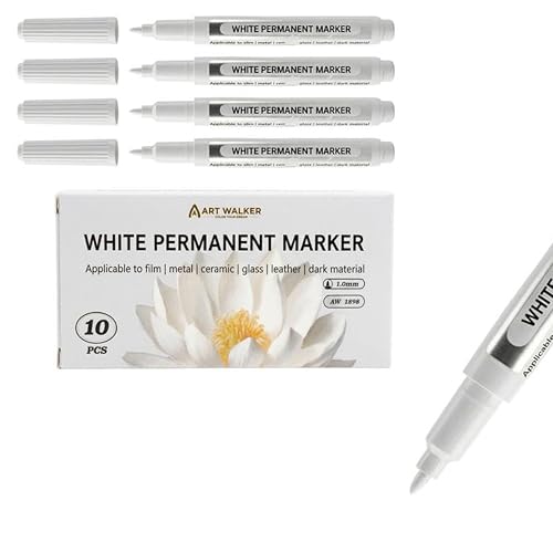 Image of Aspect 10pcs White Permanent Marker Pen, Fine Tip 1.0mm, Quick Dry & Waterproof White Permanent Marker, Multi-Surface Markers for Metal, Glass, Plastic, Wood, Ceramic & Dark Materials
