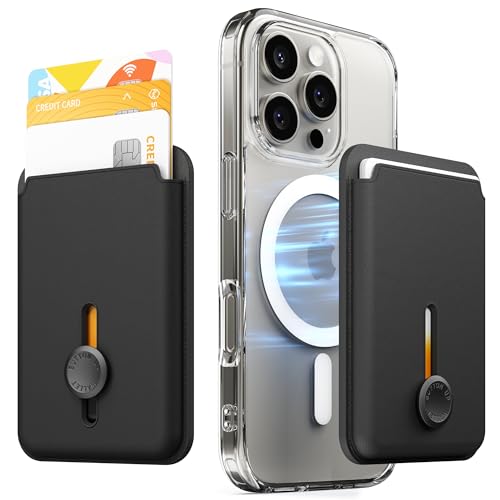 Sinjimoru MagSafe Wallet Magnetische Kartenhalterung für bis zu 3 Karten mit Schnellzugriff per Knopfschieber kompatibel mit iPhone 1217 M-Viica Button Wallet Schwarz