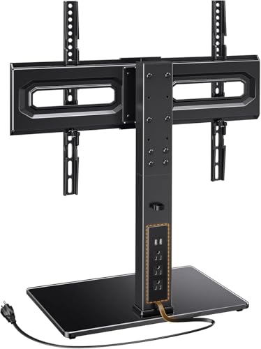 Perlegear Universal TV Stand with Power Outlet, Swivel TV Stand for 32-80 inch TVs up to 99 lbs, TV Base with Tempered Glass Base, Height Adjustable TV Mount Stand Max VESA 600x400mm PGTVS31