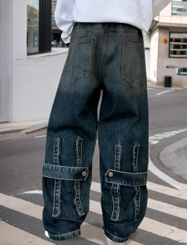 Happy Cherry Baggy jeans voor kinderen, jongens, cargobroek met wijde pijpen, elastische tailleband met zakken, Blauw, 13-14 Jaren