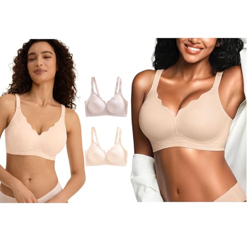 Wireless Jelly Bras for Women No Underwire with Support - Seamless Comfortable Bralettes, Padded Bra Sets 2XL Pink/Nude/Nude