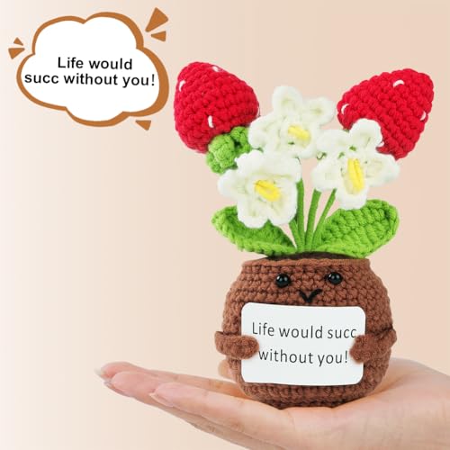 Miniatura 5 de Vicloon Flores De Crochet Positivas, Lindo Adorno Fresa De Crochet Con Tarjeta, Muñeca Ganchillo Positivas, Plantas En Macetas De Ganchillo, Regalo Profesora Familiares Amigos
