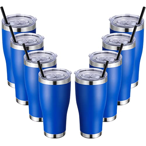 Domicare 30 Oz Tumbler With Lid And Straw, Stainless Steel Tumblers Bulk, Insulated Vacuum Double Wall Coffee Travel Mug, Powder Coated Tumbler, Dark Blue 8 Pack #TOP25