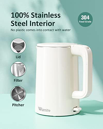 Wamife 1.5L White Electric Kettle Water Boiler Stainless Steel Inner 1500W Hot Water Kettle Cool Touch Electric Water Kettle Fast Heating, Cream White #TOP2