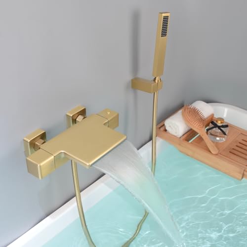 SHANFO Robinet de Baignoire Thermostatique, Cascade Mitigeur Baignoire avec Douchette, Mitigeur Bain Douche Mural, Laiton, Or Brossé, 4Y4OK