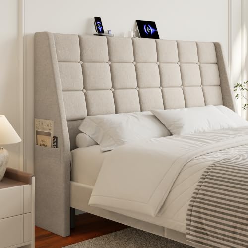 Image of Queen Size Headboard with Charging Station, Wingback Ergonomic Headboards | Wingback Upholstered Bed Head Board with Storage Pocket, Sturdy Stable Solid Wood Headboard, Bed Frame Adapters, White Beige