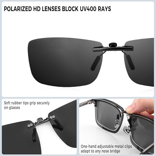 Polarized Clip on Sunglasses Over Prescription Glasses for Men Women Rimless Compact Fit Non-Flip Up4