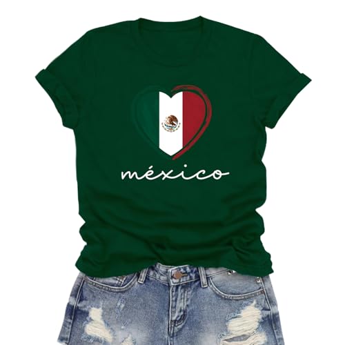 LuxLass Mexico Shirts for Women Love Mexico Shirt Mexican Heart Flag Tee Tops