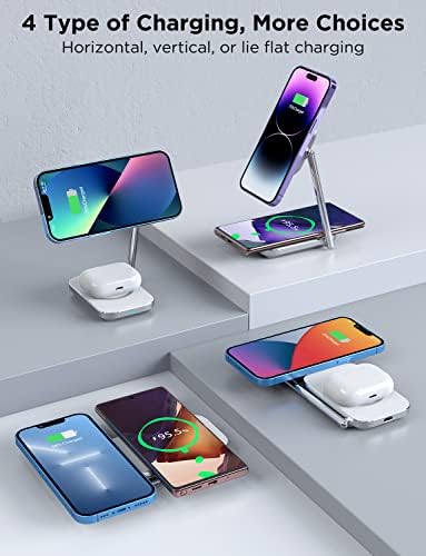 Hinyx 2 in 1 Wireless Charger, Foldable Magnetic Charger Stand Compatible with Mag-Safe & iPhone 14/13/12 Series, All Wireless Charging Phones, AirPods 3/2/Pro 2/Pro 1