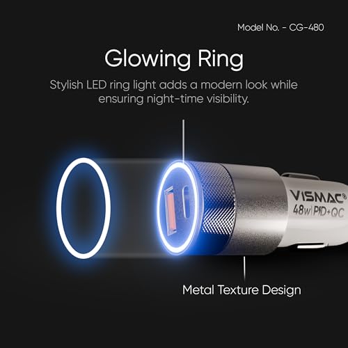 Image of Vismac 48W Fast Car Charger with Qualcomm Quick Charge and PD USB-A and Type-C Ports Glowing Ring LED Metal Textured Body Over Voltage Over Current and Over Temperature Protection