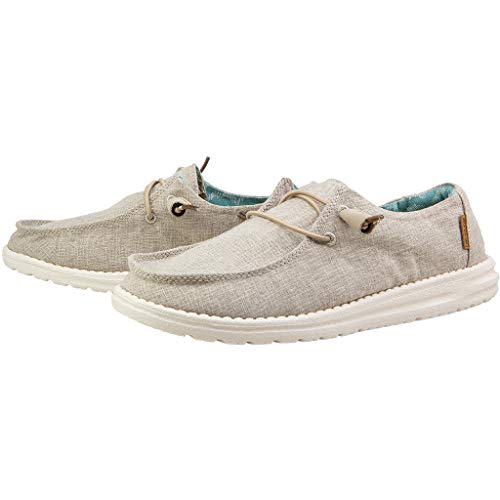 Hey Dude Women's Wendy Chambray Woven Tan Size 9 | Women’s Shoes | Women’s Lace Up Loafers | Comfortable & Light-Weight