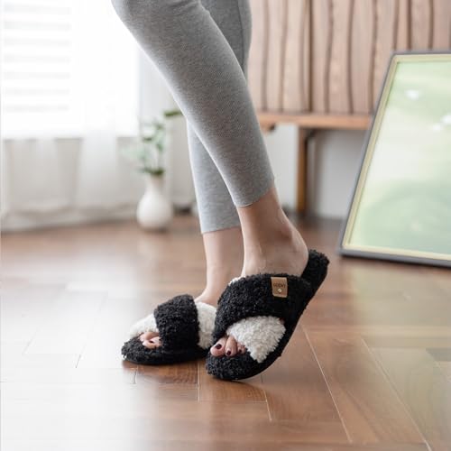 Image of GOEWY Fuzzy Open Toe Slippers for Women Cozy Memory Foam House Shoes Indoor | Cute Cross Band,Soft Faux Fur,Anti-slip Sole Outdoor,Machine-washable,Lightweight,Slip on Gifts for Women,Mom and Bridesmaid