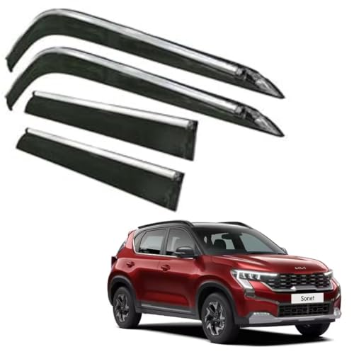 Image of CAR SAAZ Side Door Visors for Sonet (2024-Present)(Set of 4Pcs)|Smoke Finish Chrome Lined Rain Guards, Polycarbonate