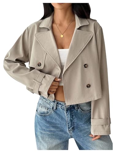 GORGLITTER Women's Cropped Trench Coat Lapel Button Down Long Sleeve