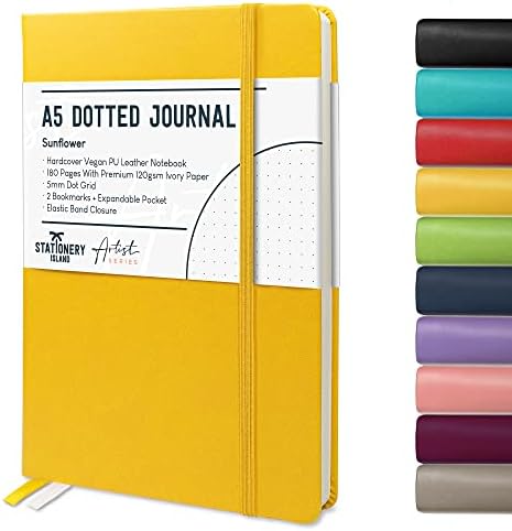 STATIONERY ISLAND Bullet Dotted Journals A5 Dot Notebook Yellow Hardcover with Thick Premium 120gsm Paper 180 Pages, Elastic Banded - for Planning, Study, Travel, Drawing, Sketching and Projects