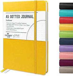 STATIONERY ISLAND Bullet Dotted Journals A5 Dot Notebook Yellow Hardcover with Thick Premium 120gsm Paper 180 Pages, Elastic Banded - for Planning, Study, Travel, Drawing, Sketching and Projects